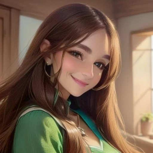 Alafed woman with long brown hair and green shirt, Beautiful images, cute beautiful,, A slightly cute smile, , A shy smile, Profile photo, Cute smile, 8K Selfie, 