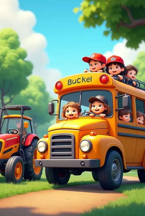 The bus, with side windows full of smiling children&#39;s faces, a car, a Tractor and a Bicycle,  next to each other in the park.