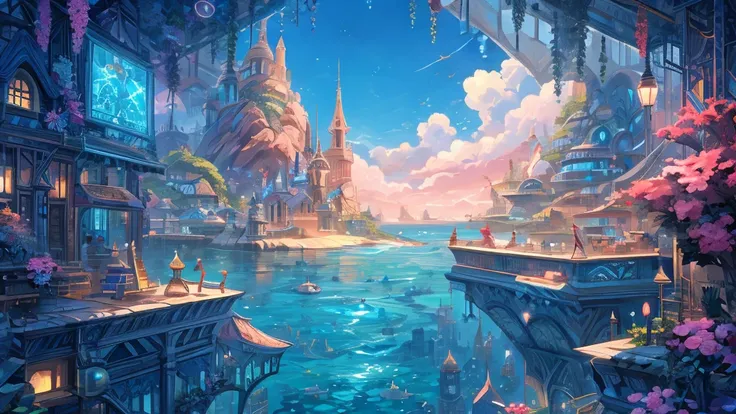 ((masterpiece)),((Highest quality)),((High Detail)),nobody,background,fantasy, A fantastic and quiet deep sea city, Looking up at the water surface from the ocean floor, The city is very big、Futuristic buildings line the streets, And the spire. Completely ...