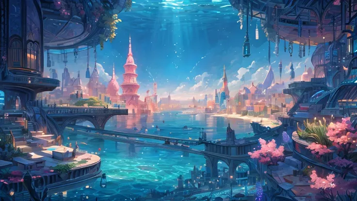 ((masterpiece)),((Highest quality)),((High Detail)),nobody,background,fantasy, A fantastic and quiet deep sea city, Looking up at the water surface from the ocean floor, The city is very big、Futuristic buildings line the streets, And the spire. Completely ...