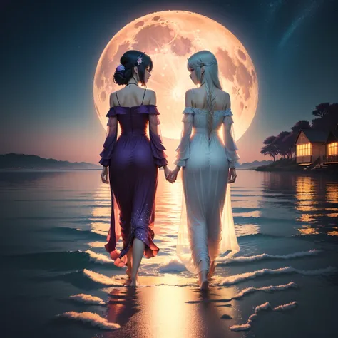 two women in long dresses walking across a body of water under a full moon, anime art wallpaper 8 k, anime art wallpaper 4 k, anime art wallpaper 4k, beautiful anime artwork, anime wallpaper 4k, anime wallpaper 4 k, 4k anime wallpaper, ethereal anime, beau...