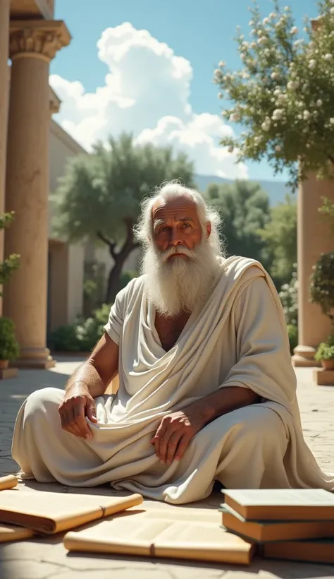 Close-up shot, Low angle shot, (A wise, elderly man with a long, flowing white beard and piercing eyes, dressed in a simple but elegant white toga, sits in a sunlit courtyard surrounded by ancient Greek columns. His expression is serene yet intense, reflec...