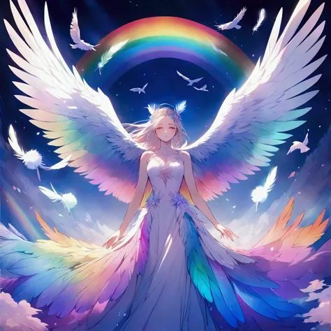 rainbow gradient feathers, Decorate with many wings like a majestic bird, Showcasing breathtaking natural beauty.Angel