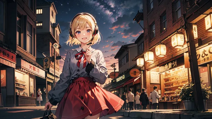 (best quality), ((masterpiece)), (highres), illustration, original, extremely detailed, 1girl, game cg nishikigi chisato, happy, bob cut, hair ribbon, headphones, lycoris uniform, two-tone dress, red dress, grey dress, neck ribbon, long sleeves, look at cl...