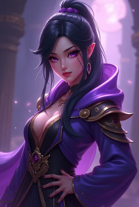 Lou yi in mobile legend semi realistic photo with purple theme
