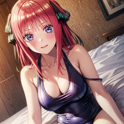 best quality, insanely detailed, nino nakano, breasts, blush, bedroom background, looking at viewer, cheerful eyes,arousal, one-piece swimsuit, old school swimsuit,