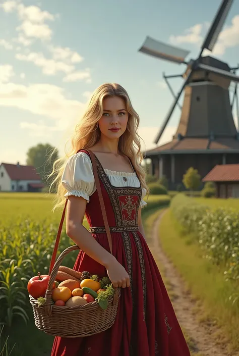 woman, traditional Dutch dress, farm and old mill in the background, green fields, clouds, sunny day, blonde, young, beautiful, carrying a wicker basket with fruits and breads and vegetables.