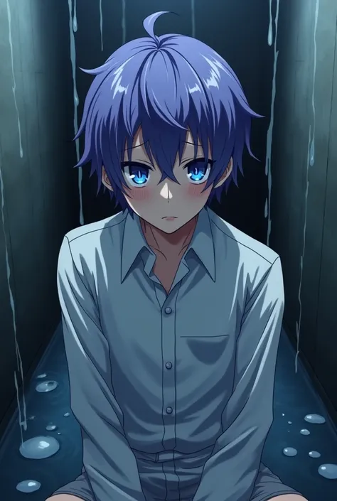 , like , violet hair, blue eyes, He wears a white uniform, is wet in an enclosed space, Hes crying. anime style.