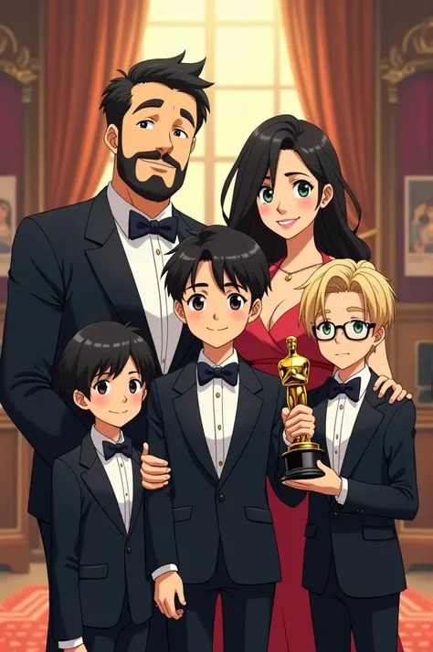 Make a drawing in anime animation where in a film studio there is a family, an 1 boy has fair skin and a young, smiling face.. He has short, wavy black hair that is a little messy on top.. The forehead is medium in size, and the eyebrows are thick and well...