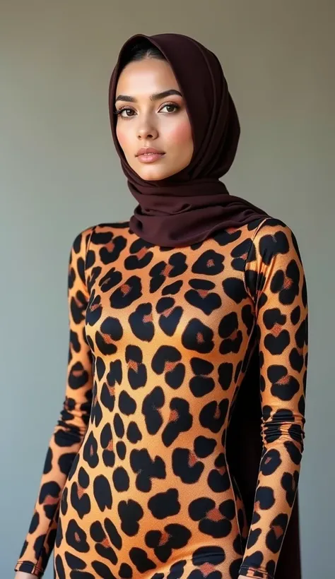 The most beautiful,most slender thin and most clever malaysian muslimah adult feamle person with beautiful cheeks wears giraffe print lycra turtleneck unitard catsuit covered with spots and always wearing giraffe print lycra elastane stretchy dancewear hij...