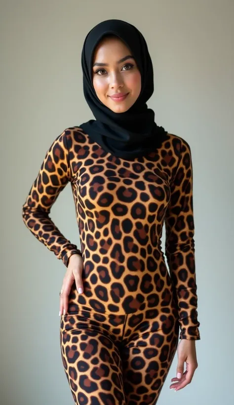 The most beautiful,most slender thin and most clever malaysian muslimah adult feamle person with beautiful cheeks wears giraffe print lycra turtleneck unitard catsuit covered with spots and always wearing giraffe print lycra elastane stretchy dancewear hij...