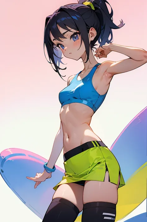 (high resolution illustration), [standing picture, upper body, close-up of girl:0.6], slim body, perfect body, mini skirt, sports bra, gradient background, anime character, (cute girl:1.1), sexy