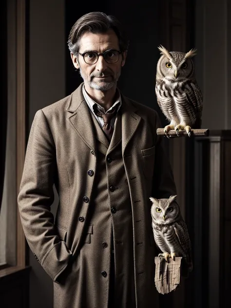 owl,Personification,doctor,Foreigners,French,Cat,old,Sepia,era,young,whole body,Life-size,Classic