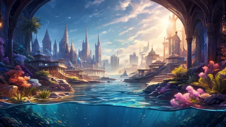 ((masterpiece)),((Highest quality)),((High Detail)),nobody,background,fantasy, A fantastic and quiet deep sea city, Shining Water Surface, Completely submerged in clear blue and pink water. Quiet and calm scene. A soft, shining light illuminates the city. ...