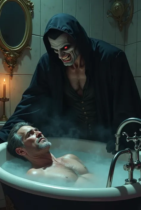 A man is bathing  suddenly he faints on ground and a evil vampire comes