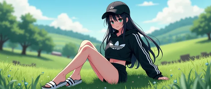 sexy anime girl, long black hair, wear black adidas striped slippers white and black, black eyes, barefoot, wear black adidas cap, wear black adidas hood, wear black adidas hot pants, background is countryside