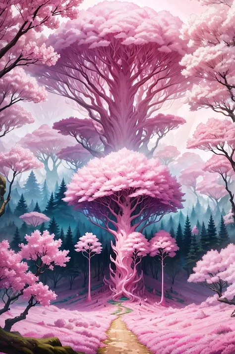 There is a road with lots of pink flowers in bloom., pink forest 속에, pink forest, cherry forest, color of dreams, pink landscape, Magical colors and atmosphere, pink tree, Cotton candy tree, dreamy scenery, Get lost in a dreamy fairytale landscape , beauti...