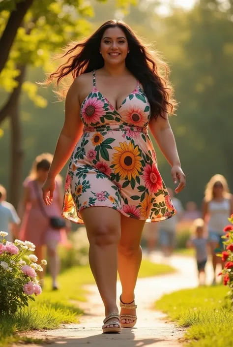 A confident yet graceful thick girl, her curvy hourglass body radiating beauty and charm, strolls through a sunlit park. She wears a very tight sundress that accentuates her thick thighs and emphasizes her voluptuous figure, the vibrant fabric hugging her ...