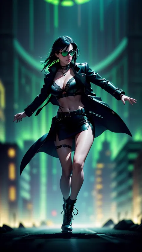 cyberpunk-style city with a nocturnal vibe with Matrix-like aesthetic references, glowing huge clock tower as time machine, green glowing cascading code. At night, (1girl, solo, alone), photorealistic, medium-breast slim:0.6 body, oval:0.5 face, cleavage:1...