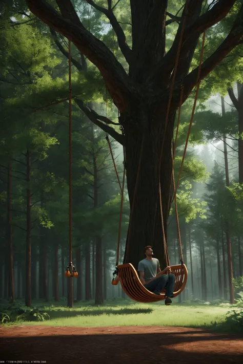 The image shows a tree with a tire swing hanging from it with two ropes, into a forest. Masterpiece. Best quality. artstation, award winning photography, octane render, cinematic lighting from the right, hyper realism, octane render, 8k, depth of field, 3D...