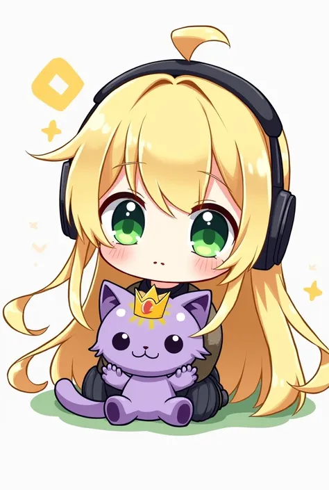 CHIBI BLONDE AUX CHEVEUX LONG AUX YEUX VERT QUI FAIT LA MOU ET QUI AS UN CASQUE GAMING SUR LA TETE ET QUI PORTE DANS SES MAINS UNE PELUCHE D UN PETIT CHAT VIOLET AVEC DES SUPER POUVOIRS QUI AS SUR LA TETE UNE COURONNE DORE LE DESSIN DOIT ETRE EN MODE DESSI...