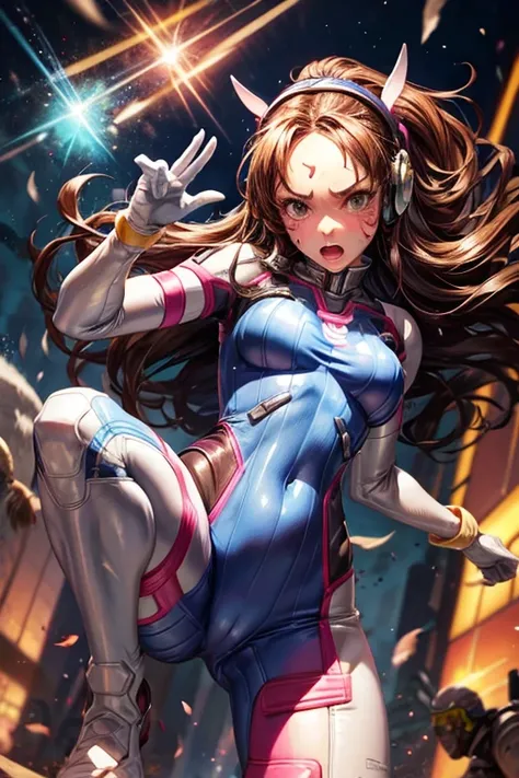 1 girl, (d.va(Overwatch):0.8), alone, long hair, Beard markings, tights, camel toe,nipples, crotch,badly defeated, getting punched on her crotch by robots hand,the enemys punching brtween her legs, enemys fist between her legs,hand,brown hair, facial mark,...