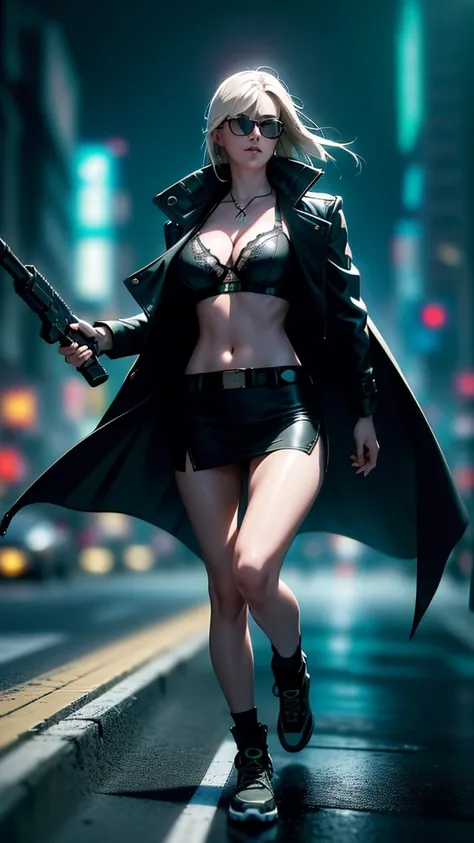 cyberpunk-style city with a nocturnal vibe with Matrix-like aesthetic references, glowing huge clock tower as time machine, green glowing cascading code. At night, (1girl, solo, alone), photorealistic, medium-breast slim:0.6 body, oval:0.5 face, cleavage:1...