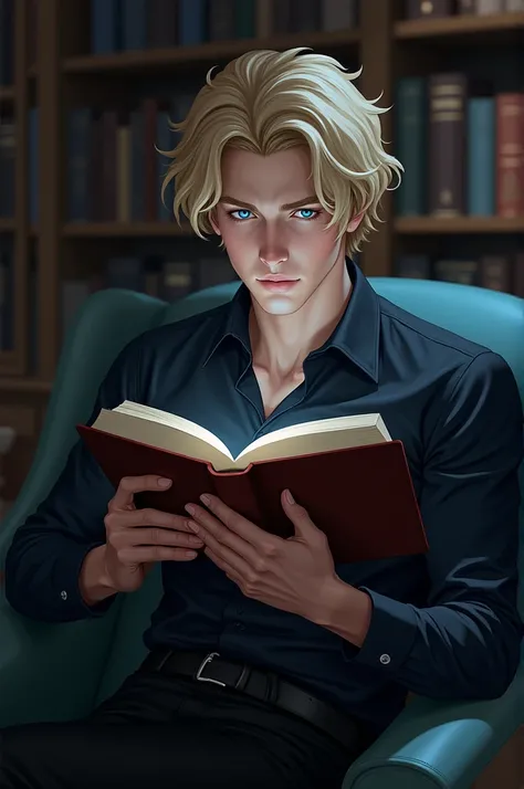 adult man, White skin, short wavy hair light blonde, light blue eyes, Her eyes are like gems, bright as stars, neck and shoulders, wear black dress shirt, long legs, He is reading a book in a room, His appearance is fine.