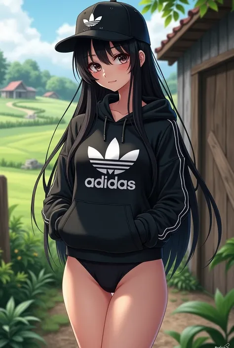 Sexy anime girl, long black hair, black eyes, barefoot, wear black adidas cap, wear black adidas hood, wear black panties, background is farm