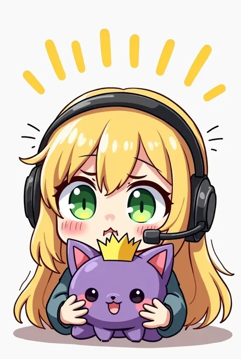 CHIBI BLONDE AUX CHEVEUX LONG AUX YEUX VERT QUI EST ENERVE ET QUI AS UN CASQUE GAMING SUR LA TETE ET QUI PORTE DANS SES MAINS UNE PELUCHE D UN PETIT CHAT VIOLET AVEC DES SUPER POUVOIRS QUI AS SUR LA TETE UNE COURONNE DORE LE DESSIN DOIT ETRE EN MODE DESSIN