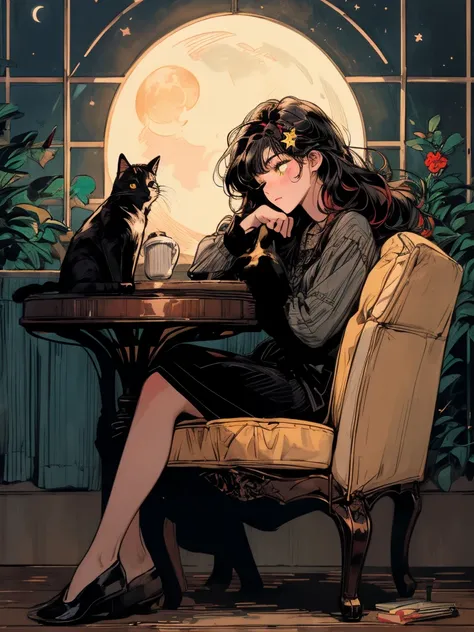 beni, solo, 1girl, yellow_pupils, black_hair, red_flower_hair_ornament, Contemplating, (((background home))), window, sleeping at besroom, table, large home side, small character, (((full body))), coffee, long hair, cozy house, black cat, moon, stars, lamp...