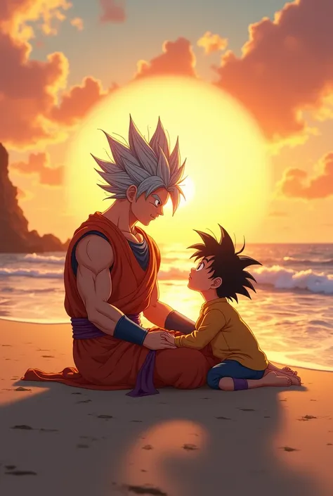 Ultra instinct goku sitting with his son gohan at a beach at sunset
