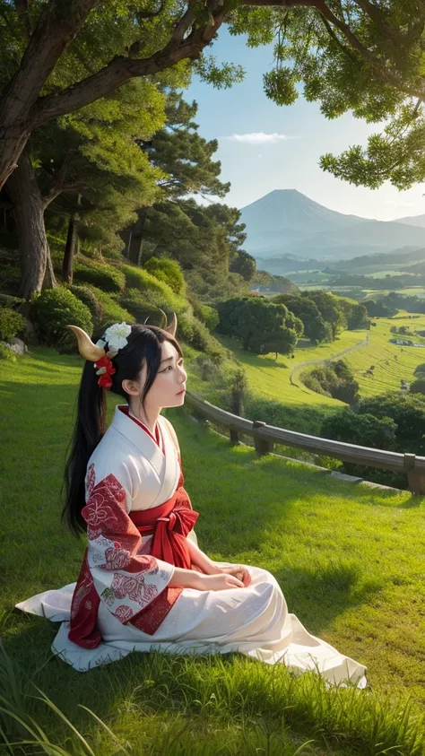 Title: Mythical Encounter in the Hills

Description: Create a digital artwork featuring two characters in a lush, green landscape with rolling hills and a clear sky. The scene should blend traditional Japanese elements with mythical themes, creating an int...