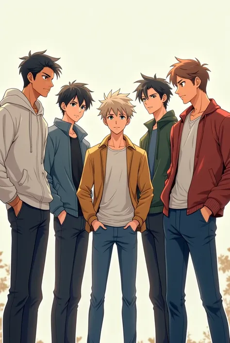 Anime poster 5 boys are standing here one one boy is a intelligent and cool good looking but thin body second boy was intelligent but very silent third boy is very naughty and Playboy fourth boy is very strongest boy and attitude person 2D Anime poster