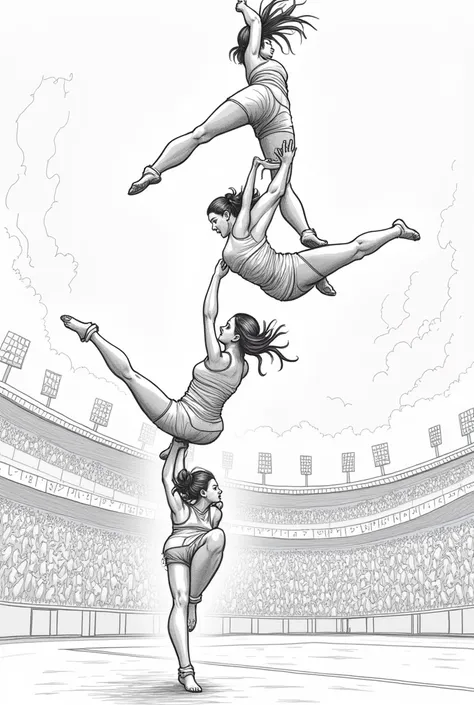 A drawing outline of stunt cheerdance. Landscape