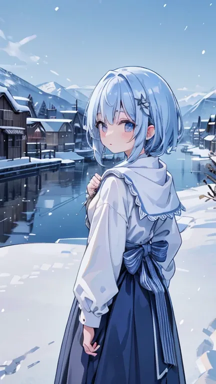 best quality,Snowing Town, high quality, ultra quality, 8k, masterpiece, detailed, extremely detailed, insanely detailed, ultra detailed, ultra highres ,exquisite, Snow Scenery, A woman is looking back,