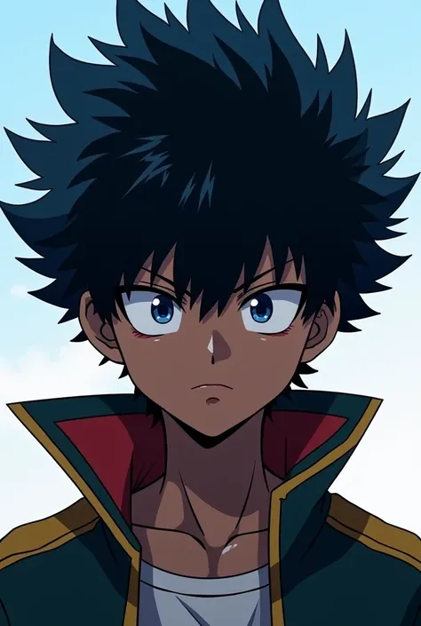 Create a boy who has a haircut that covers his eyes,that the hair is dark blue,that he has a serious expression and that his skin color is dark,that is boku no hero style 