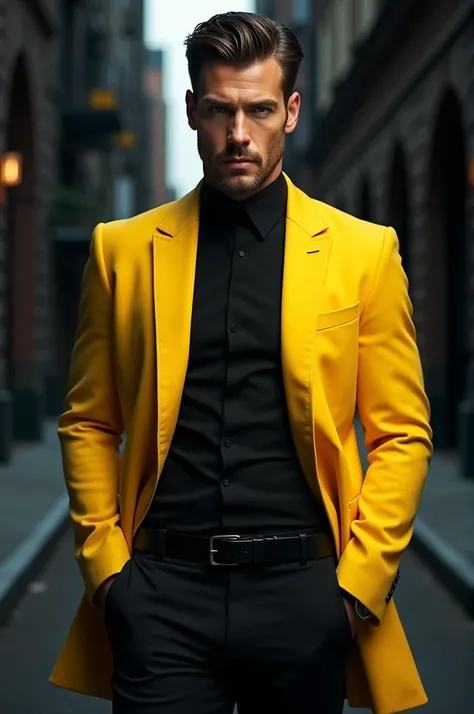 Propose moi un homme habillé en tout noir et avec une veste courte de couleur unique jaune seulement sur lui