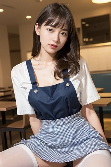 ooki masterpiece、Highest quality、Ultra-high resolution、(Photorealistic:1.6)、1 girl、(Long Hair:1.5)、(round face:1.3)、(Gingham check suspender apron:1.3)、(Plain blue high waist skirt:1.3)、(Apron skirt:1.2)、(White blouse:1.3)、(Double-breasted、Underbust:1.2)、S...