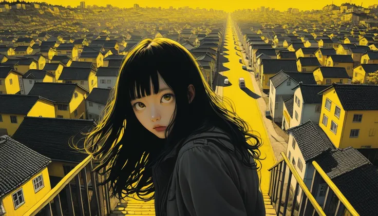 An illustration、art、Supervised by Junji Ito、Overaction、Overreaction、Pretending to be scared、Attention to detail, Realistic shadows、Analog Style, chromatic aberration, Surrealism、Yellow Town