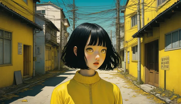 An illustration、art、Supervised by Junji Ito、Overaction、Overreaction、Pretending to be scared、Attention to detail, Realistic shadows、Analog Style, chromatic aberration, Surrealism、Yellow Town