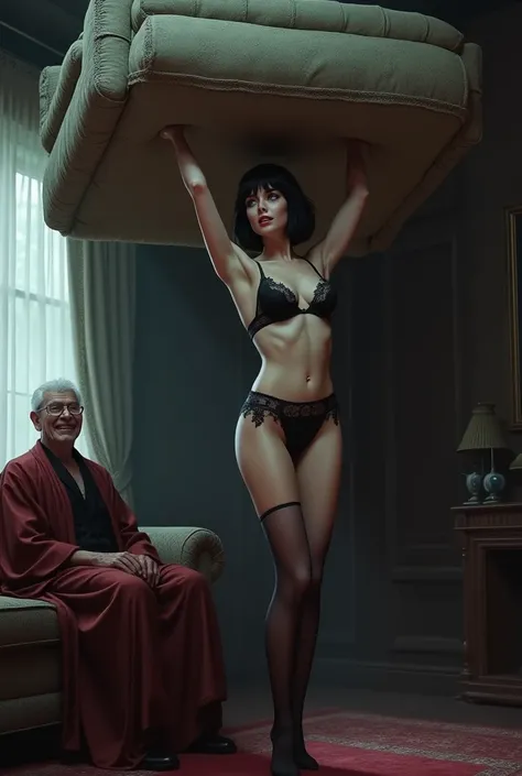 Sexy girl in lingerie with short dark haircut blue eyes and vampire stockings lifts with great force with her arms above her head a large sofa on which her grandfather is sitting with a robe over his head laughing 