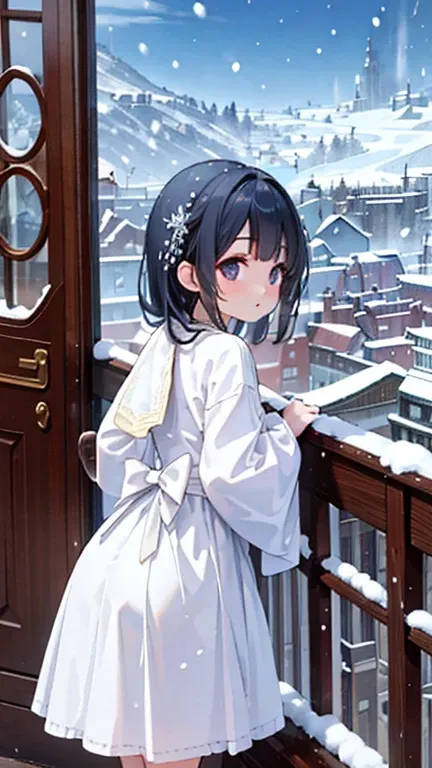 best quality,(Snowing Town), high quality, ultra quality, 8k, masterpiece, detailed, extremely detailed, insanely detailed, ultra detailed, ultra highres ,exquisite, Snow Scenery, A woman is looking back,