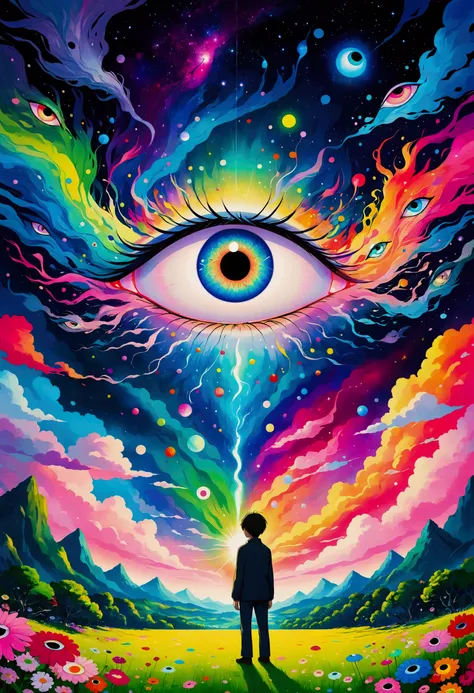 The painting shows a man standing in front of a colorful eye, Illustration of Murakami Chemical, pixiv, Concept Art, Fantasy psychedelic anime, Color illustrations, Psychedelic illustration, Look into my eyes, Blurred dreamy illustration, human eyes, Blurr...