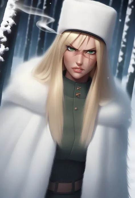 {{portrait, dutch angle}} {{Artist: ratatatat74}} 1girl, solo, toned female, mature female, medium breasts, blonde hair, long hair, long hair, straight hair, lips, fur cloak, green eyes, ushanka hat, angry, outdoors, forest, snow, tundra, looking down at v...