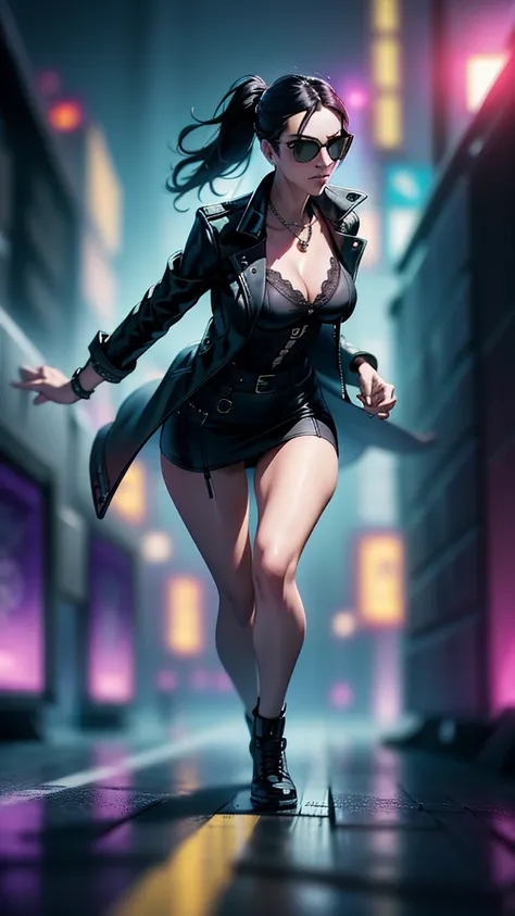 cyberpunk-style city with a nocturnal vibe with Matrix-like aesthetic references, glowing huge clock tower as time machine, green glowing cascading code. At night, (1girl, solo, alone), photorealistic, medium-breast slim:0.6 body, oval:0.5 face, cleavage:1...