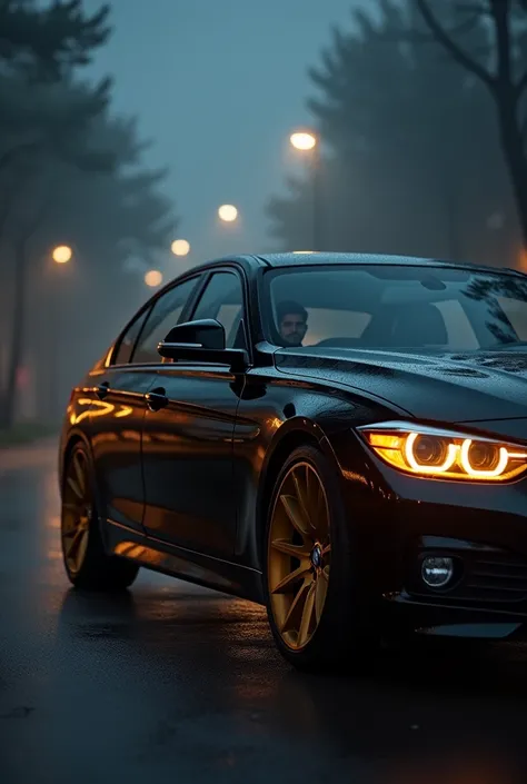 Bmw 320d black with gold alloy wheels with gold ring head light at night with fog with raayan 
in front mirror 