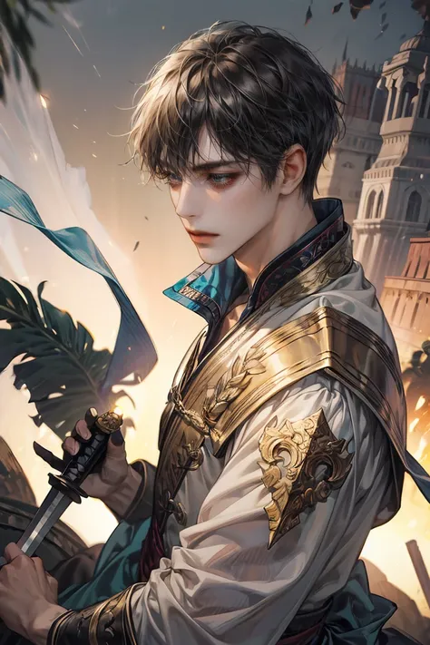 Secondary element，The style of animation，person（male warrior），The ratio is correct，Face Details，swordsman，Neck detail，There&#39;s an Adam&#39;s apple there.，blue suit，grap，Long blue gown，clothes details，India，long sleeves，game quality，fencing，Light and Sha...