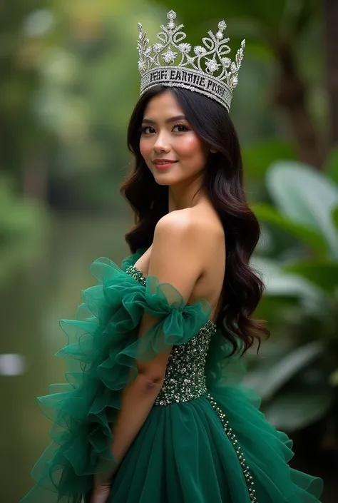 Create a shoot of Miss Earth Indonesia with her crown in green gown