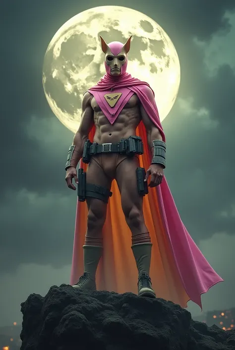 high-tech suit, vivid effects, malaysian superhero (KELUANG MAN) in a striking pink and beige costume cyberpunk design, mask small mini bat ear beige, daredevil biage mask, jumpsuit dark pink stands confidently in a dramatic, stormy landscape. ((Head cover...